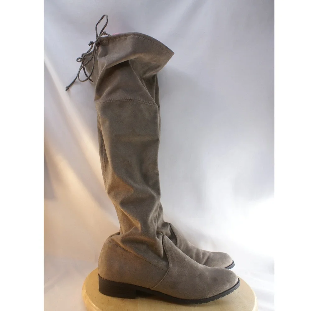 Unisa Divan Taupe Grey Faux Suede Over The Knee Flat Boots Womens 9M Tie Back